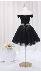 Black Off Shoulder Beaded Tulle Short Prom Dresses, Black Homecoming Dresses Formal Dresses
