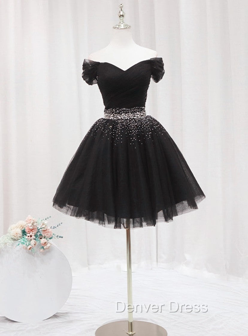 Black Off Shoulder Beaded Tulle Short Prom Dresses, Black Homecoming Dresses Formal Dresses