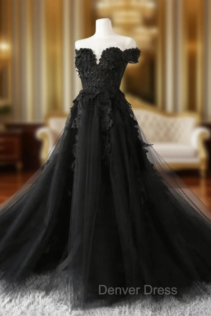 Black Off Shoulder Formal Dresses with Lace, Black Tulle Off Shoulder Prom Dresses Main image