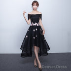 Black Off Shoulder High Low Party Dresses With Flower Lace, Black Short Homecoming Dresses
