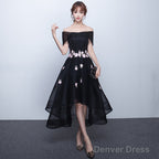 Black Off Shoulder High Low Prom Dress With Flower Lace, Black Short Homecoming Dresses