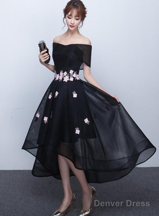Black Off Shoulder High Low Prom Dress With Flower Lace, Black Short Homecoming Dresses Main image