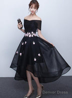 Black Off Shoulder High Low Prom Dress With Flower Lace, Black Short Homecoming Dresses