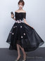 Black Off Shoulder High Low Prom Dress With Flower Lace, Black Short Homecoming Dresses