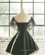 Black Off Shoulder Lace Sweetheart Lovely Short Homecoming Dress, Black Prom Dresses