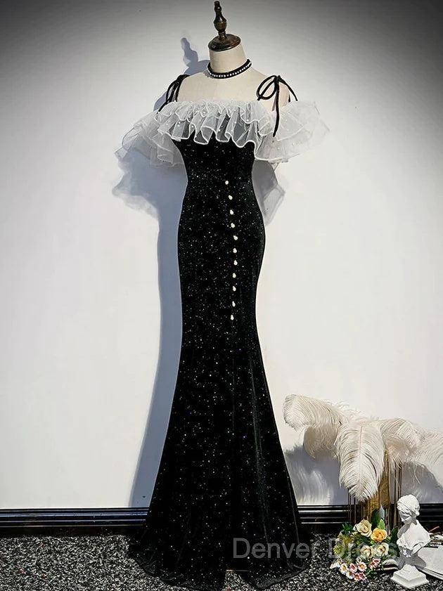 Black Off Shoulder Mermaid Long Prom Dress, Black Wedding Prom Dresses