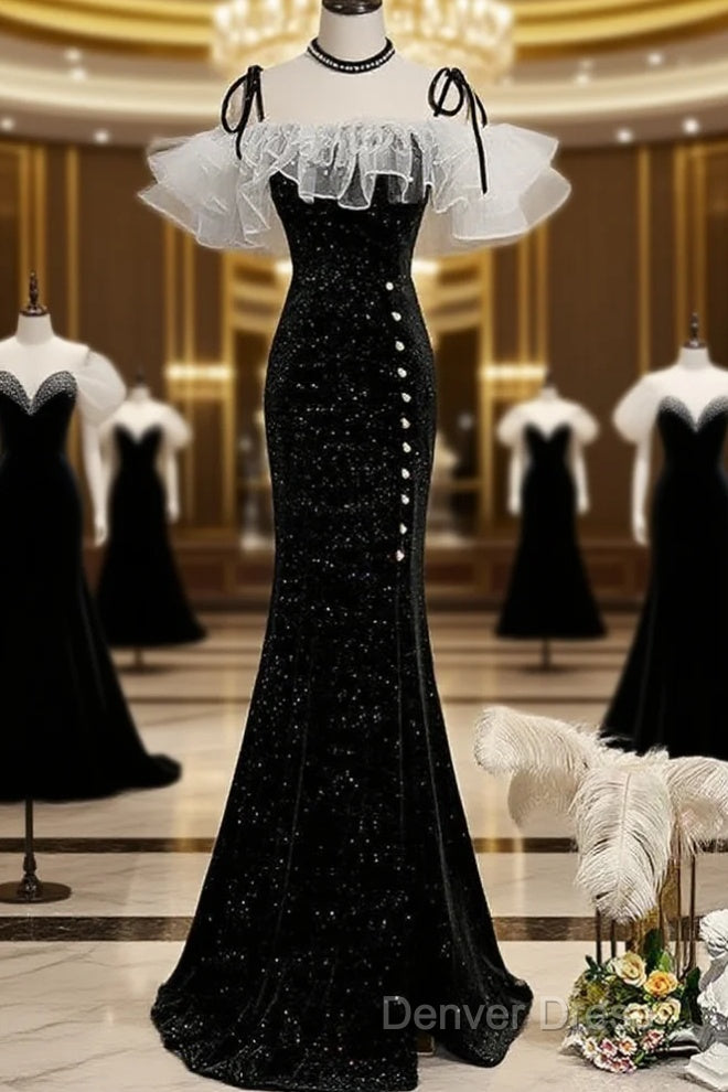 Black Off Shoulder Mermaid Long Prom Dress, Black Wedding Prom Dresses Main image