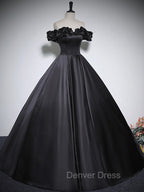 Black Off Shoulder Satin Long Prom Dresses, Black Satin Evening Dresses