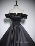 Black Off Shoulder Satin Long Prom Dresses, Black Satin Evening Dresses