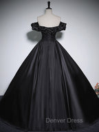 Black Off Shoulder Satin Long Prom Dresses, Black Satin Evening Dresses