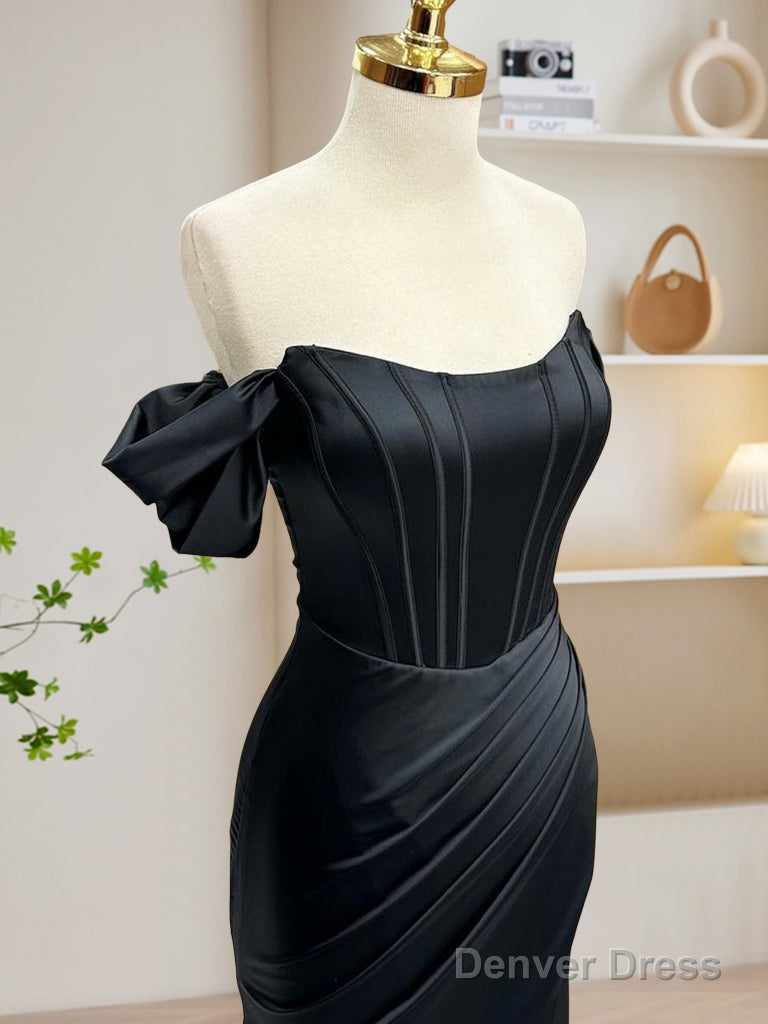 Black Off Shoulder Satin Mermaid Long Prom Dress, Black Long Evening Dress Secondary image