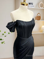 Black Off Shoulder Satin Mermaid Long Prom Dress, Black Long Evening Dress