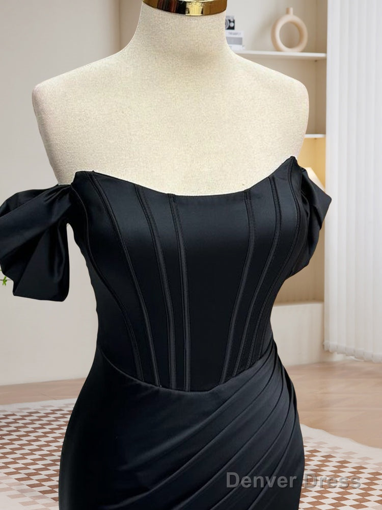 Black Off Shoulder Satin Mermaid Long Prom Dress, Black Long Evening Dress