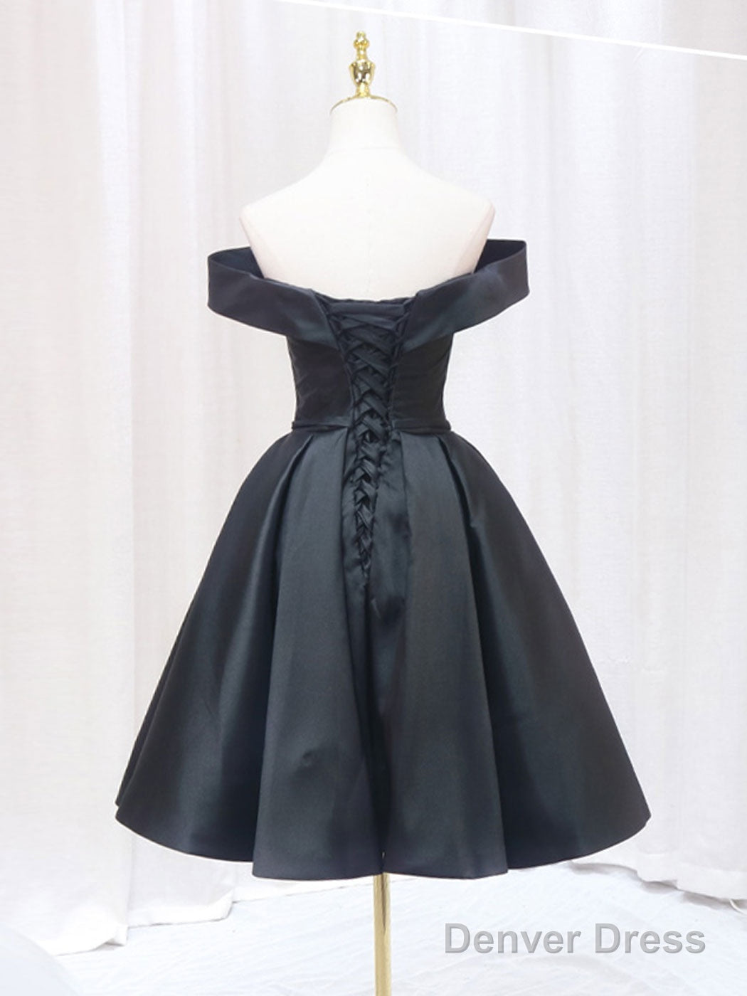 Black Off Shoulder Satin Short Prom Dress, Black Homecoming Dress Secondary image
