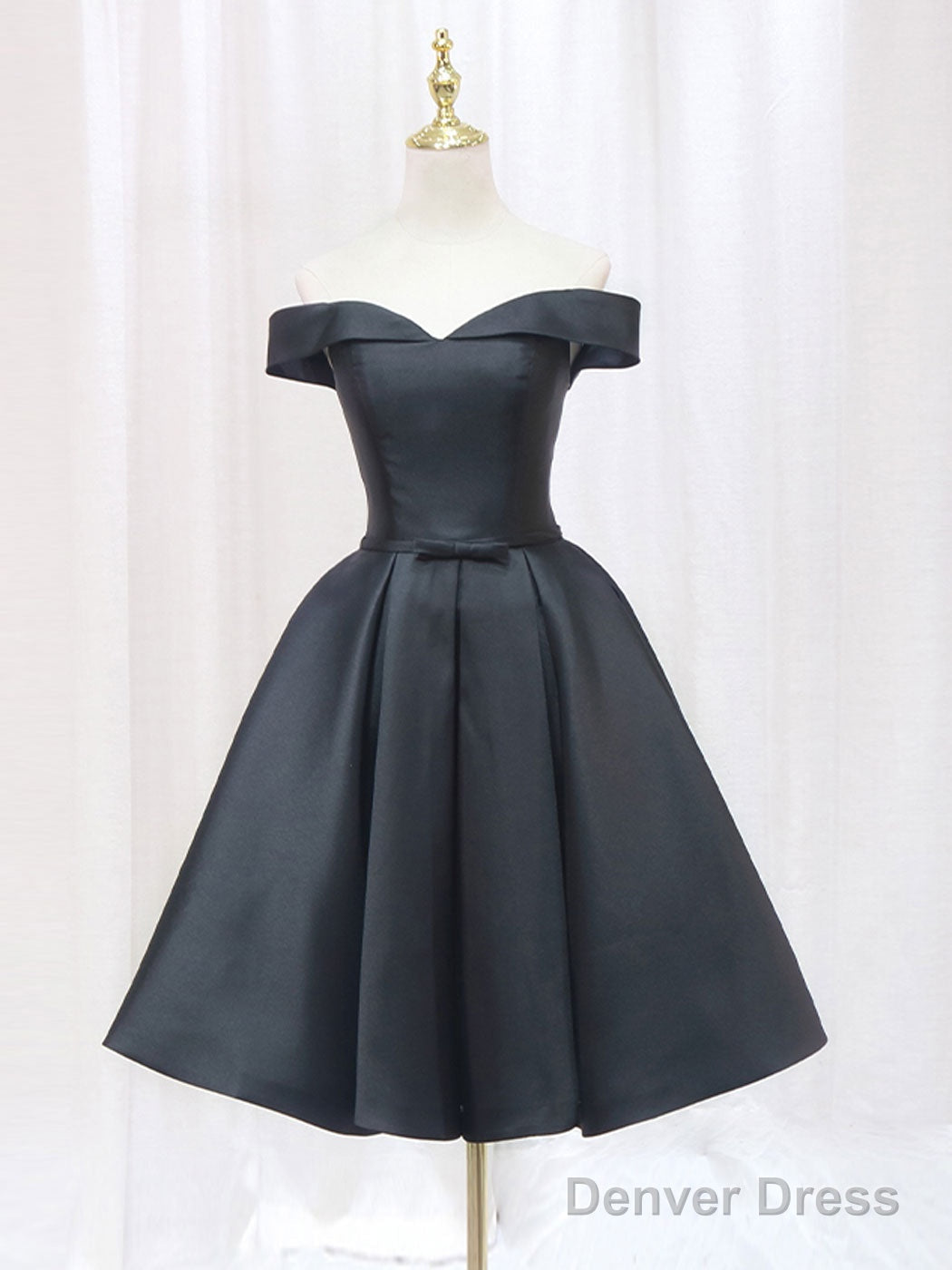 Black Off Shoulder Satin Short Prom Dress, Black Homecoming Dress Main image