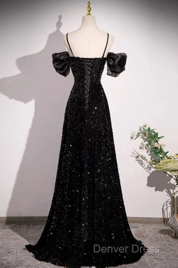 Black Off Shoulder Sequin Long Prom Dresses Evening Dresses With Bow Knot