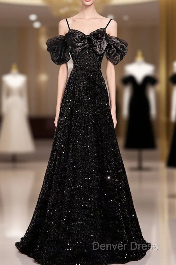 Black Off Shoulder Sequin Long Prom Dresses Evening Dresses With Bow Knot Main image