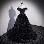 Black Off Shoulder Shiny Beaded Long Prom Dresses A-line Black Evening Dresses prom Dresses shops