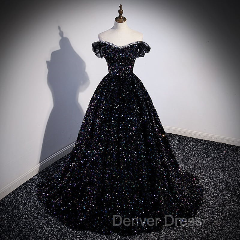 Black Off Shoulder Shiny Beaded Long Prom Dresses A-line Black Evening Dresses prom Dresses shops
