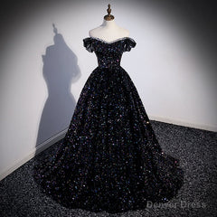 Black Off Shoulder Shiny Beaded Long Prom Dress A-line Black Evening Dress prom dresses shops