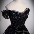 Black Off Shoulder Shiny Beaded Long Prom Dresses A-line Black Evening Dresses prom Dresses shops