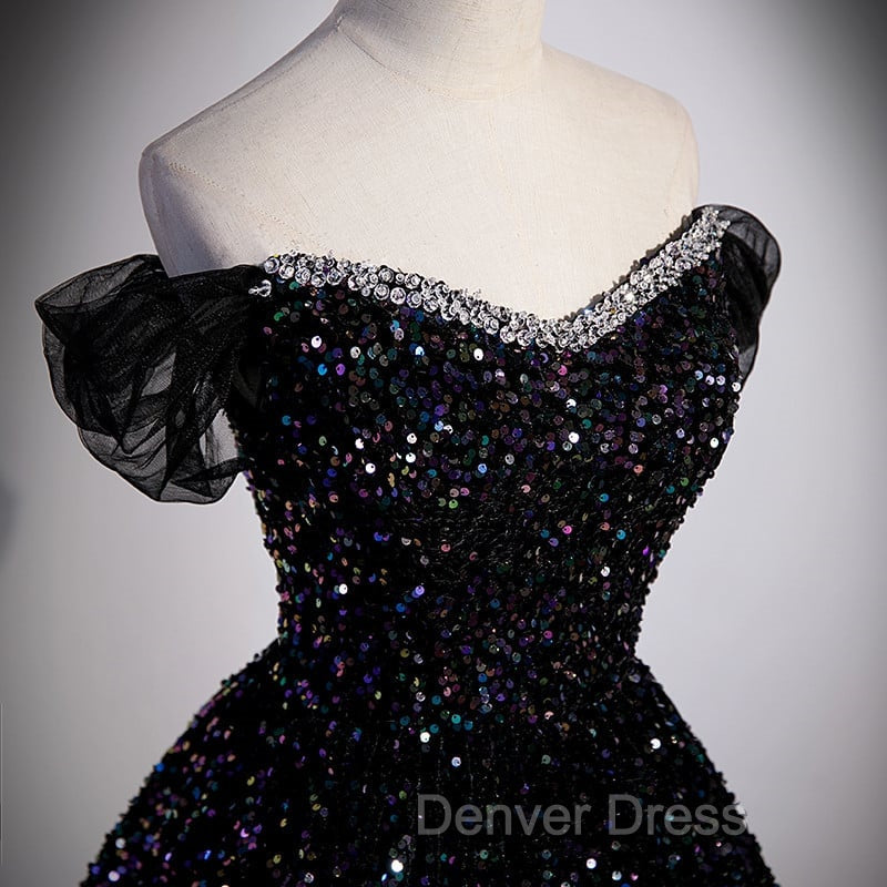 Black Off Shoulder Shiny Beaded Long Prom Dress A Line Black Prom Dress shops