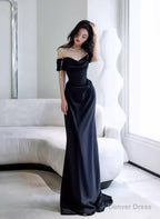 Black Off Shoulder Soft Satin Floor Length Prom Dress, Black Satin Prom Dresses