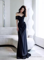 Black Off Shoulder Soft Satin Floor Length Party Dress, Black Satin Evening Dress