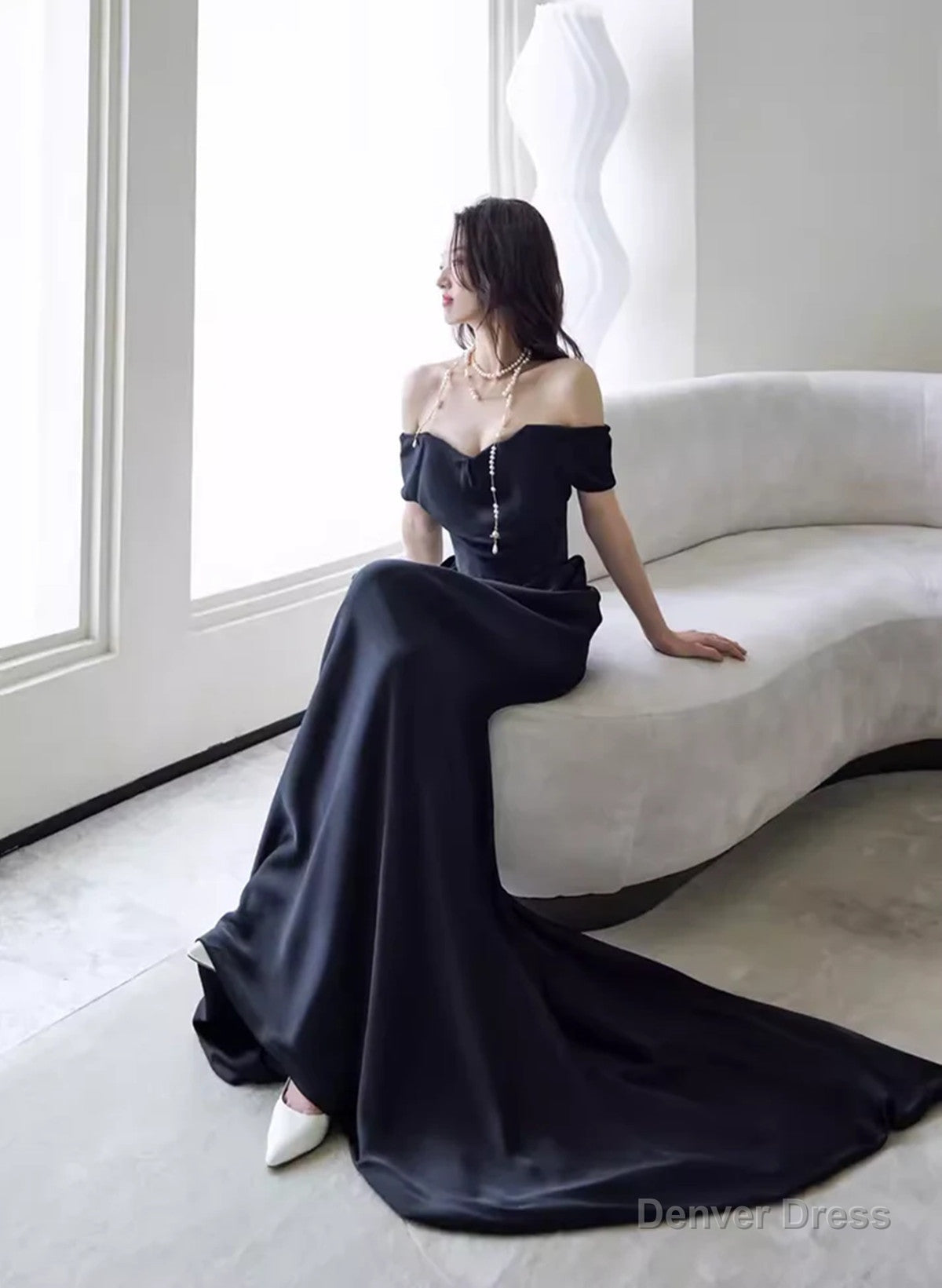 Black Off Shoulder Soft Satin Floor Length Prom Dress, Black Satin Prom Dresses