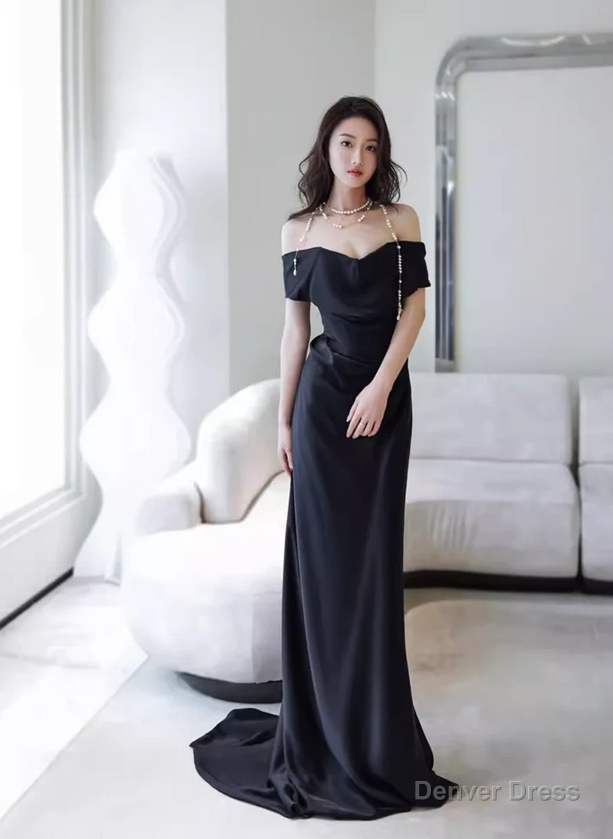 Black Off Shoulder Soft Satin Floor Length Party Dress, Black Satin Evening Dress Main image