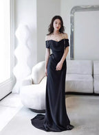 Black Off Shoulder Soft Satin Floor Length Party Dress, Black Satin Evening Dress