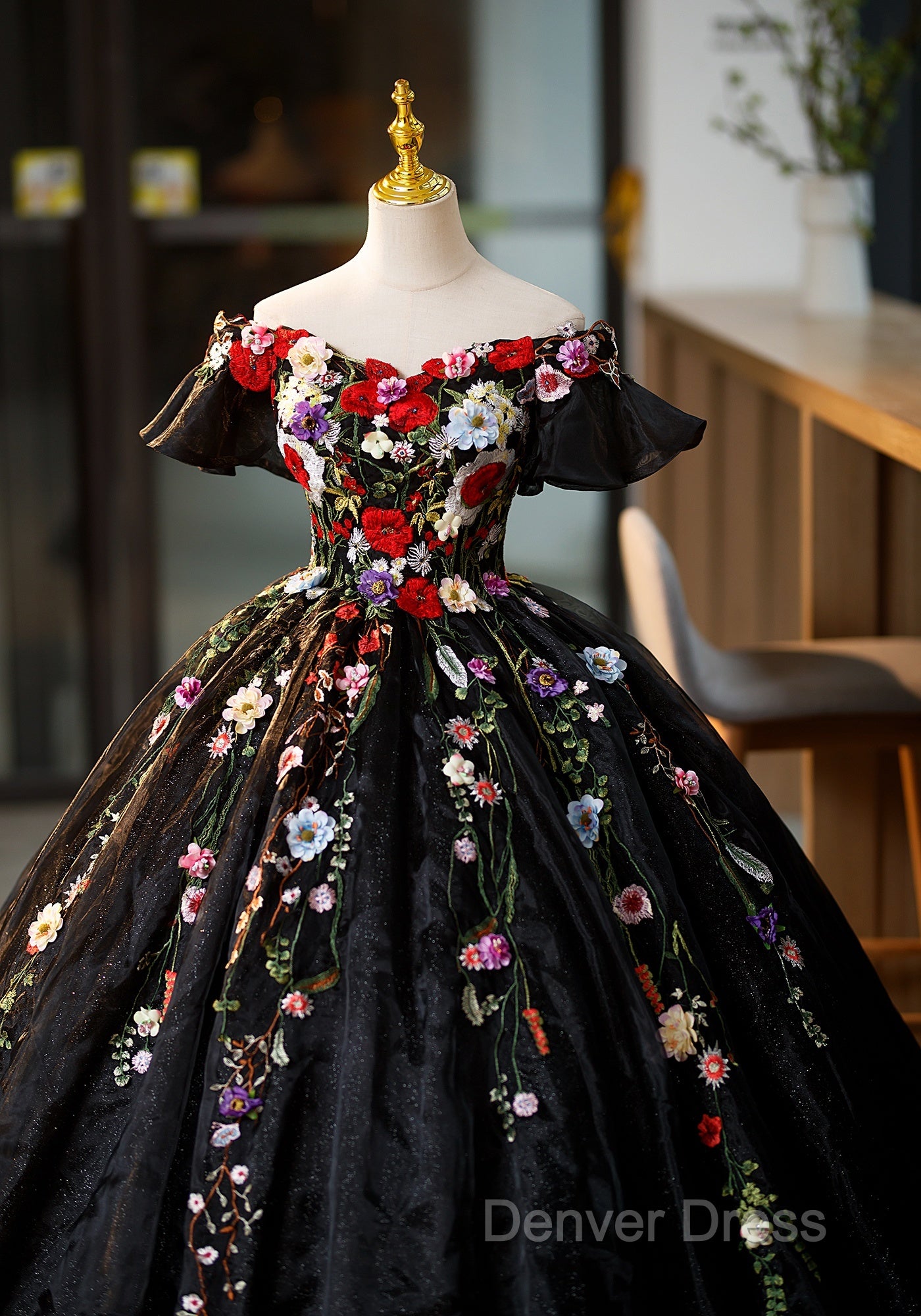 Black Off Shoulder Sweet 16 Dresses With Flowers, Black Ball Gown Formal Dresses Secondary image