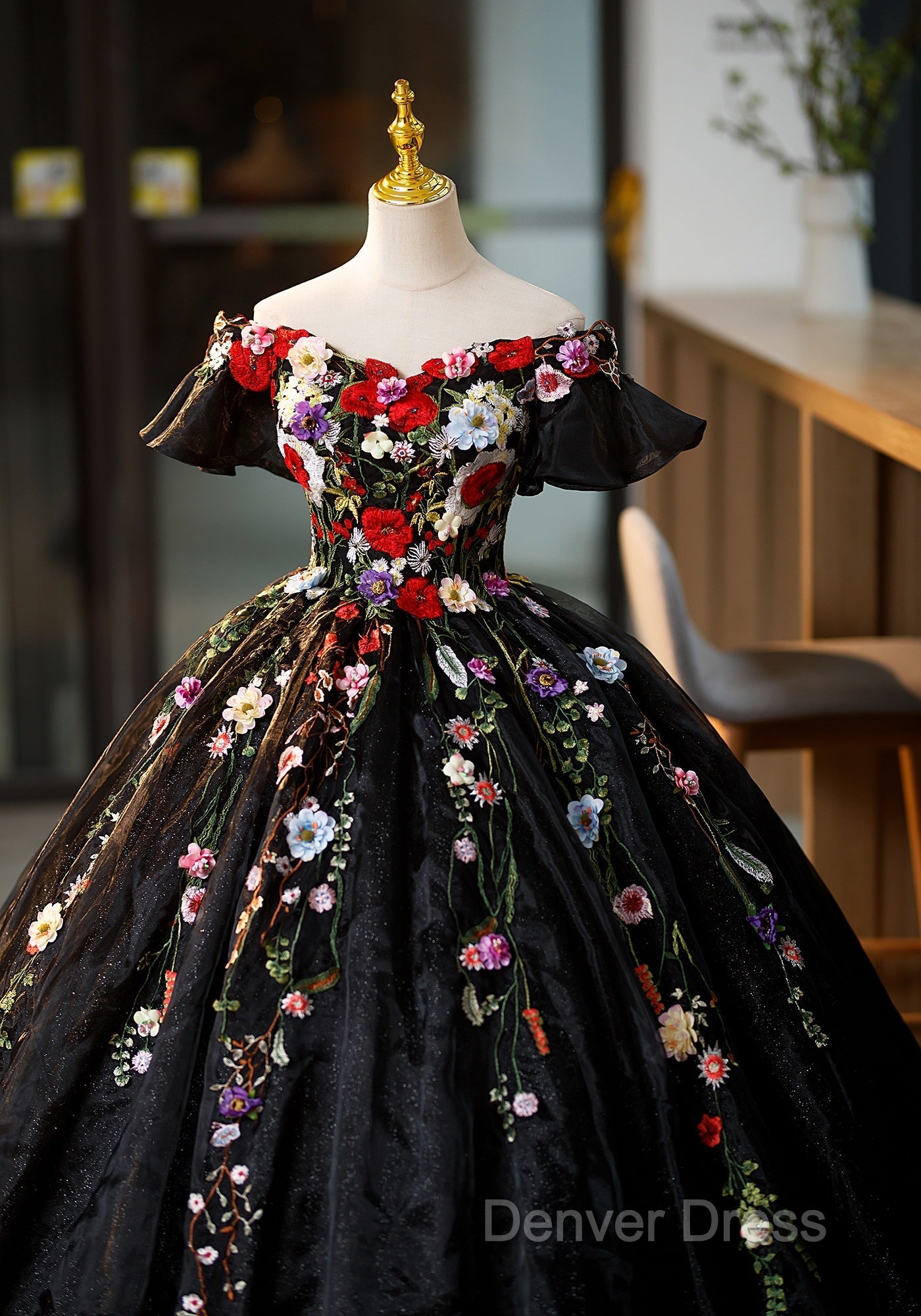 Black Off Shoulder Sweet 16 Dress With Flowers, Black Ball Gowns Prom Dresses