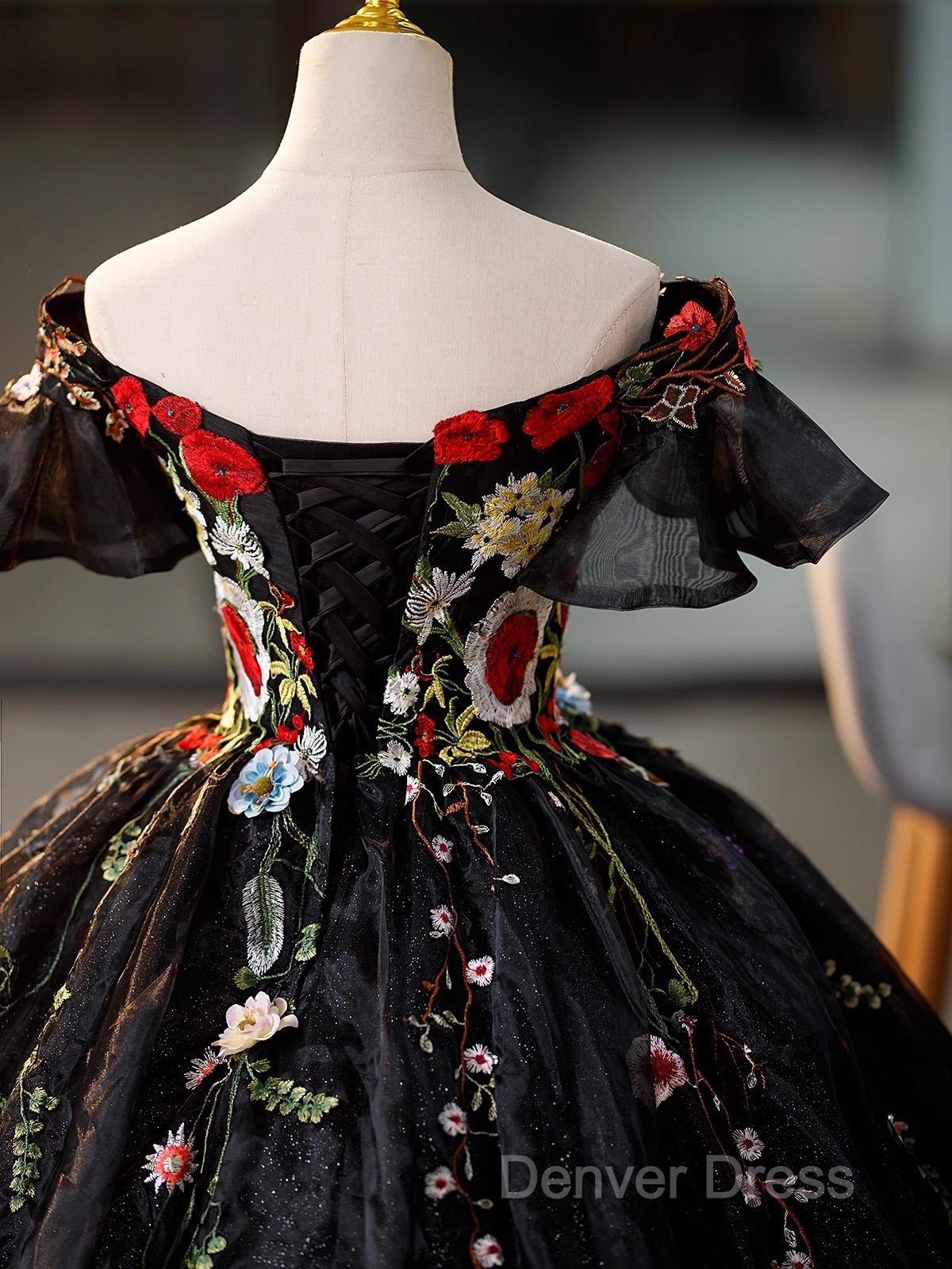 Black Off Shoulder Sweet 16 Dresses With Flowers, Black Ball Gown Formal Dresses