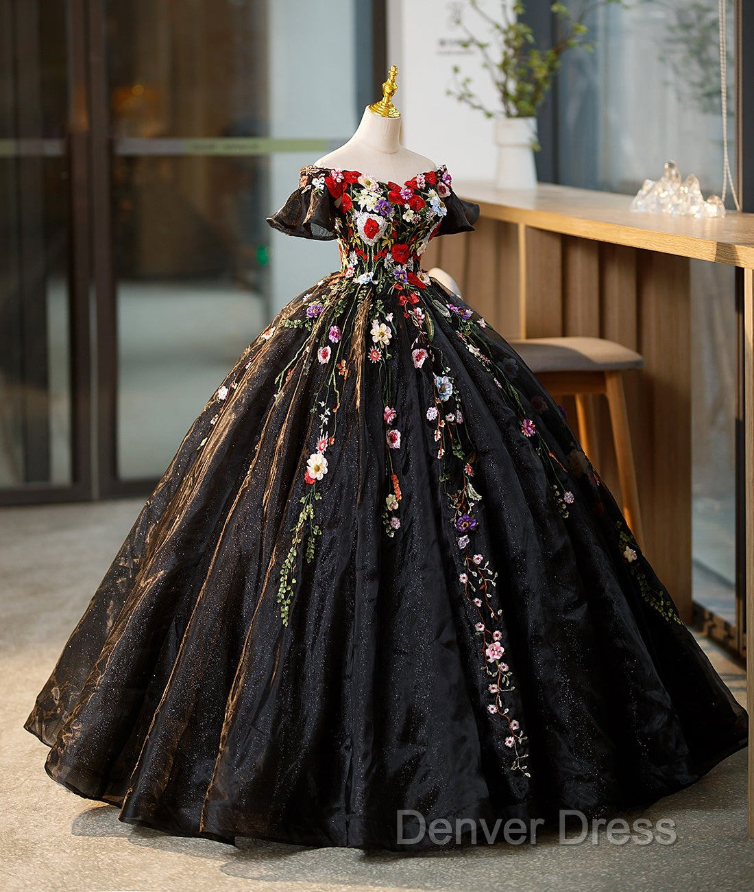 Black Off Shoulder Sweet 16 Dresses With Flowers, Black Ball Gown Formal Dresses