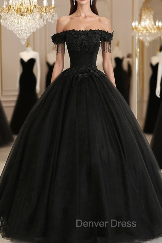 Black Off Shoulder Sweet 16 Formal Dresses with Lace Black Formal Dresses prom Dresses shops Main image