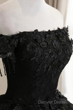 Black Off Shoulder Sweet 16 Formal Dresses With Lace, Black Long Prom Dresses