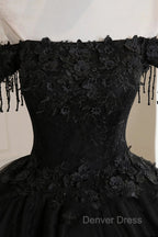 Black Off Shoulder Sweet 16 Formal Dresses With Lace, Black Long Prom Dresses
