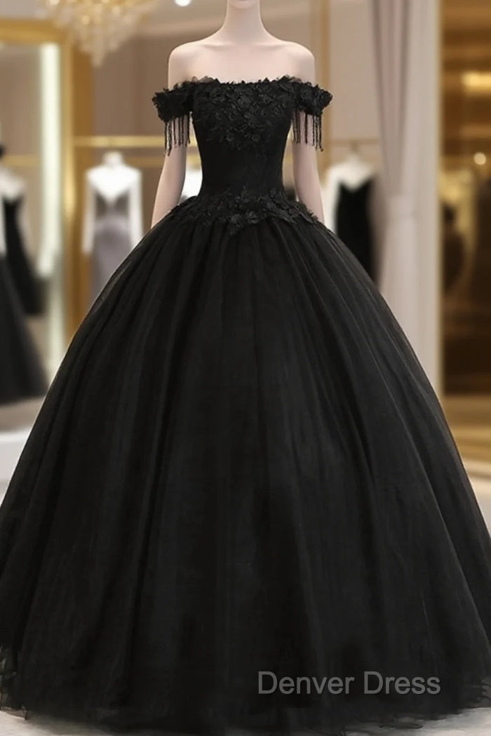 Black Off Shoulder Sweet 16 Formal Dresses With Lace, Black Long Prom Dresses Main image