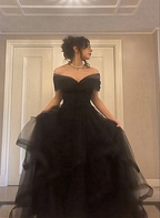 Black Off Shoulder Sweetheart Tulle Prom Dress, Black Tulle A-Line Prom Dresses