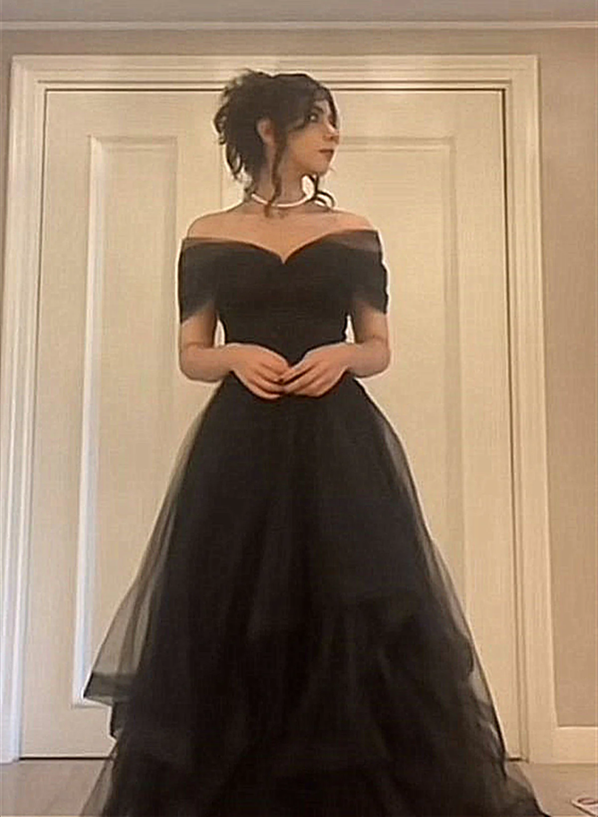 Black Off Shoulder Sweetheart Tulle Prom Dress, Black Tulle A-Line Prom Dresses Main image