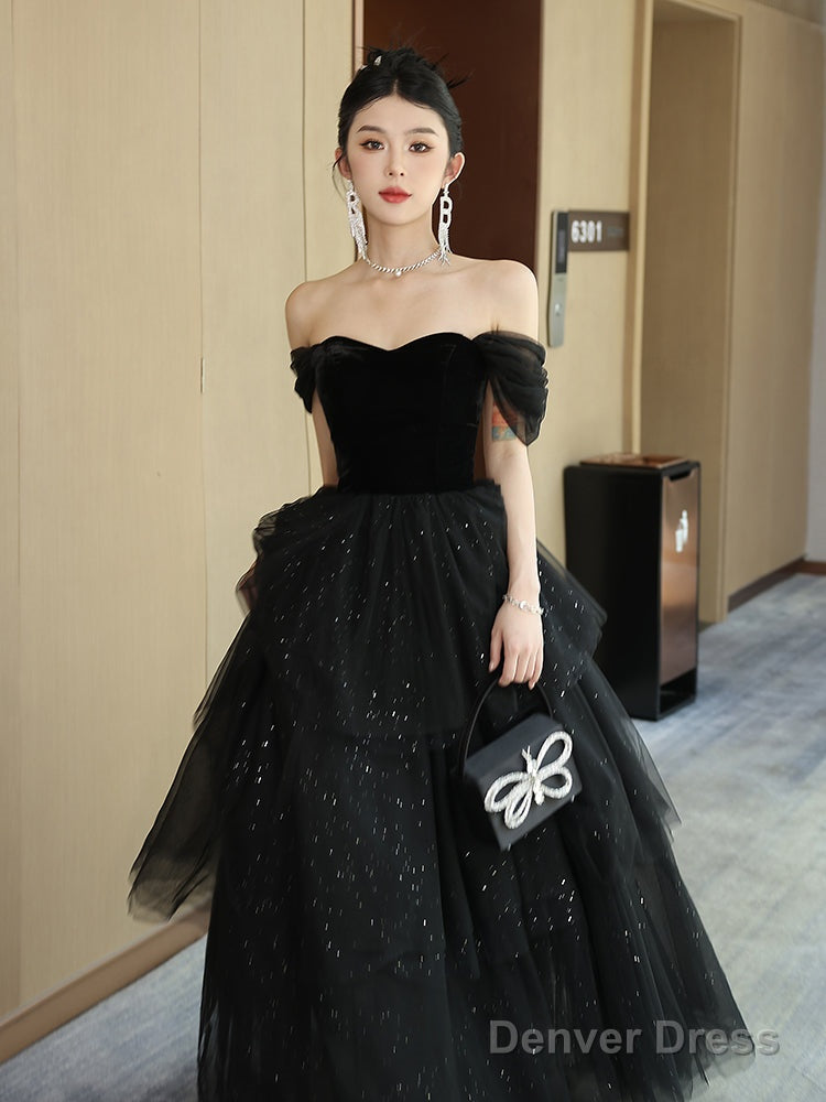 Black Off Shoulder Sweetheart Velvet And Tulle Prom Dress, Black Sweet 16 Dresses