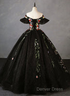 Black Off Shoulder Tulle Ball Gown Sweet 16 Dresses, Black Floral Prom Dresses Party Dresses