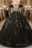 Black Off Shoulder Tulle Ball Gown Sweet 16 Dresses, Black Floral Prom Dresses Party Dresses