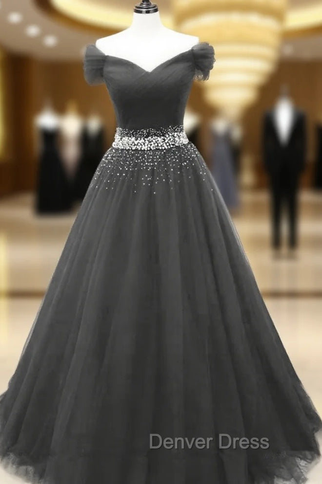 Black Off Shoulder Tulle Lace Beaded A-line Prom Dresses, Black Junior Party Dresses Secondary image