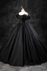 Black Off Shoulder Tulle Lace-Up Sweet 16 Dresses, Black Long Party Dresses Prom Dresses