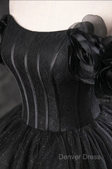 Black Off Shoulder Tulle Lace-Up Sweet 16 Dresses, Black Long Party Dresses Prom Dresses