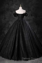 Black Off Shoulder Tulle Lace-Up Sweet 16 Dresses, Black Long Party Dresses Prom Dresses