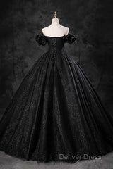 Black Off Shoulder Tulle Lace-Up Sweet 16 Dresses, Black Long Party Dresses Prom Dresses