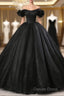 Black Off Shoulder Tulle Lace-Up Sweet 16 Dresses, Black Long Party Dresses Prom Dresses